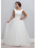 Ivory Cotton Polka Dot Tulle V Back Modest Wedding Dress 